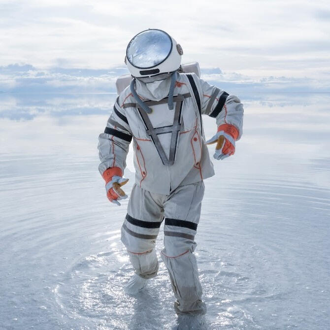 Everton Vidal Azevedo in an astronaut suit walking on the reflective surface of the Salar de Uyuni. Photo by Marvin Montes.